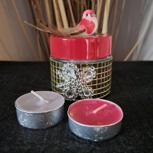 1 of a Kind Gold Mirror Wrap Beauty Jar, Orange Bird on Lid and 2 Votive Candles